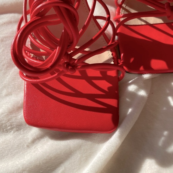 Red Strappy Square Toe Lace-Up Women's Heels - Picture 4 of 11